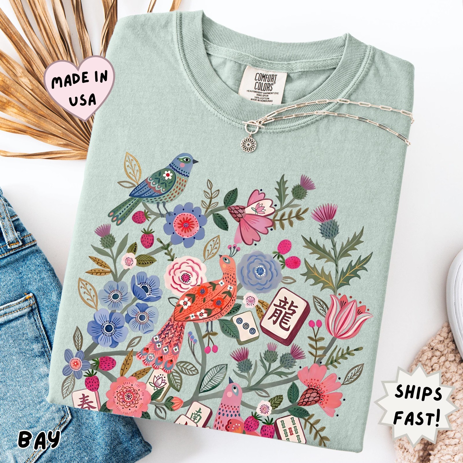 Comfort Colors Floral Mahjong Boho Hidden Tile Crack Dot Bam T-Shirt