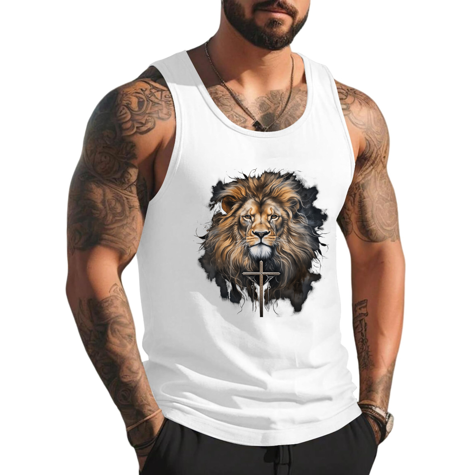 Christian Cross Lion of Judah Religious Faith Jesus Pastor Tank Top