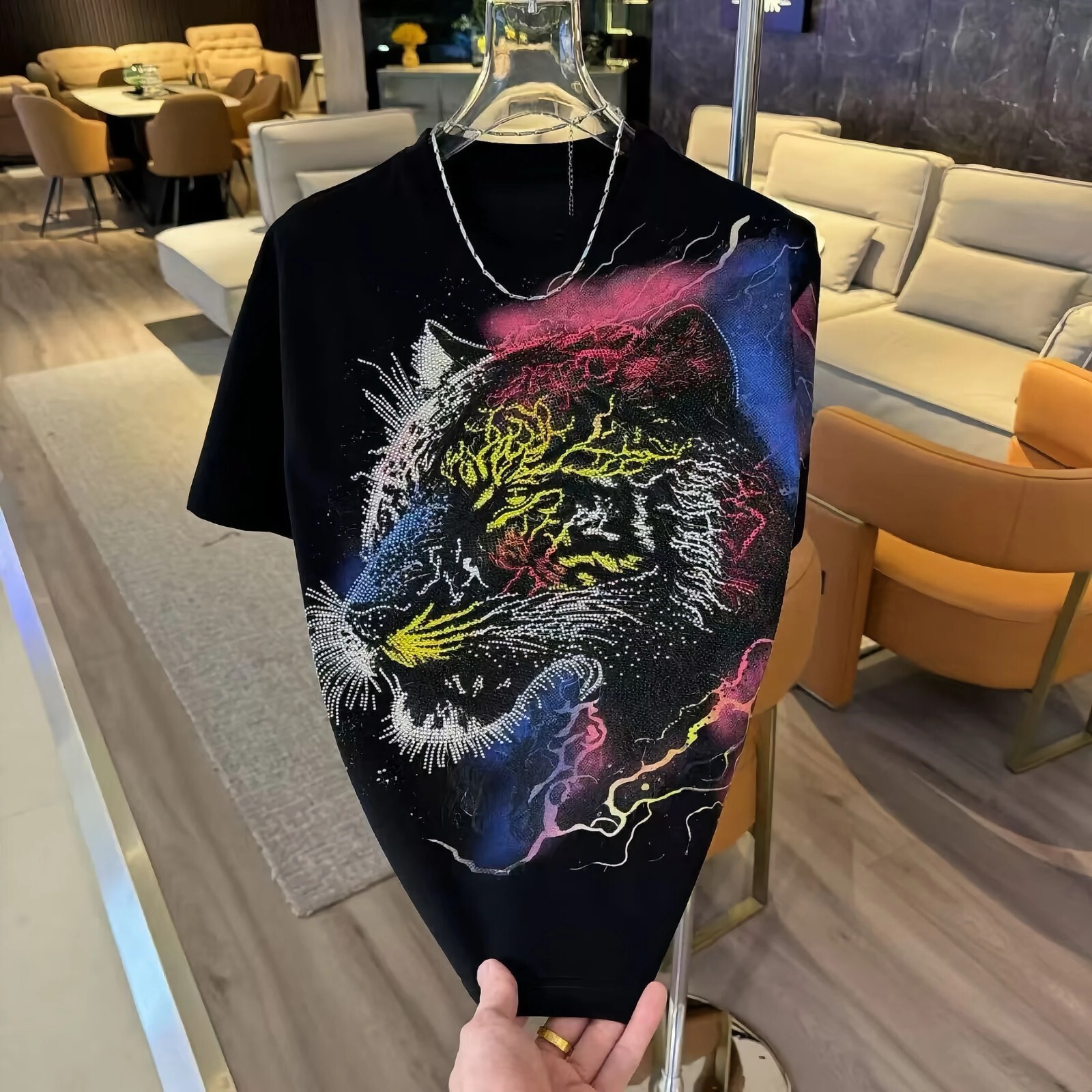New Men Luxury Diamond Tiger Rhinestones Fashion T-Shirt High Quality 3 Colors