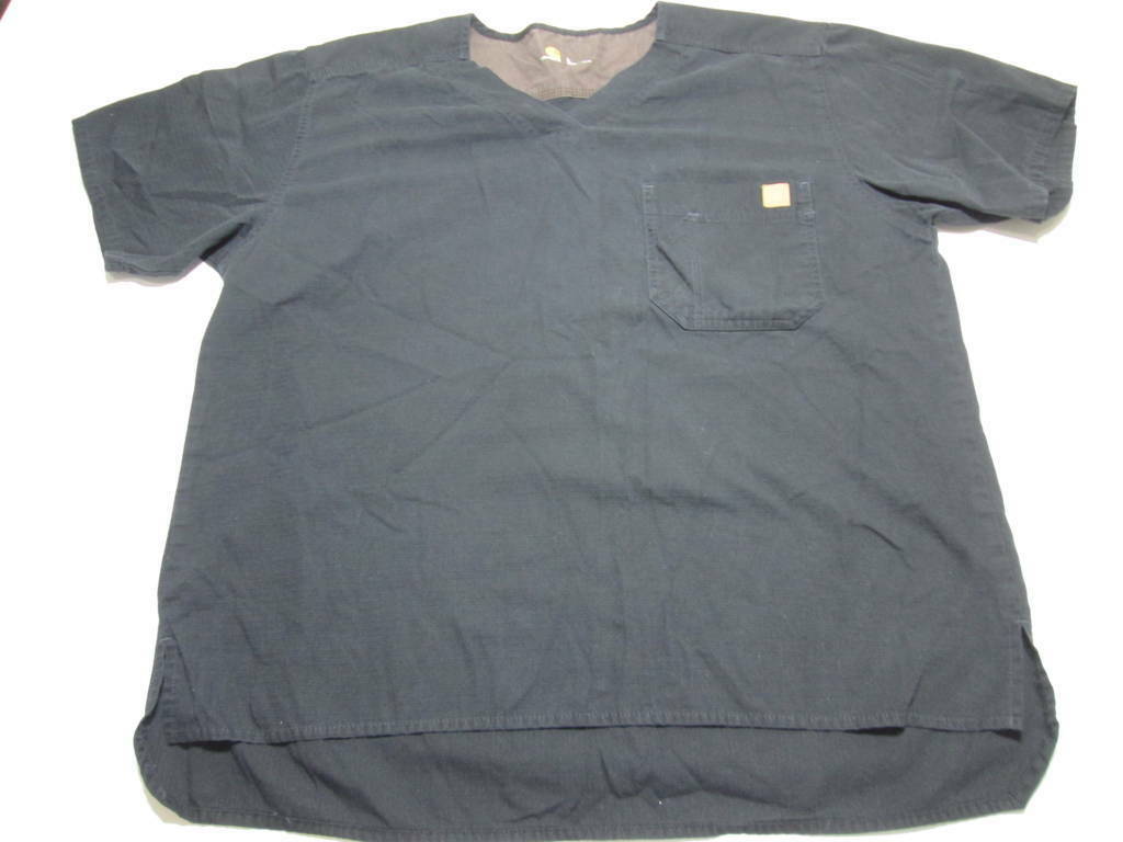 Carhartt Mens Size L V-Neck Shirt Black Pleated Chest Pocket Logo Print Casual