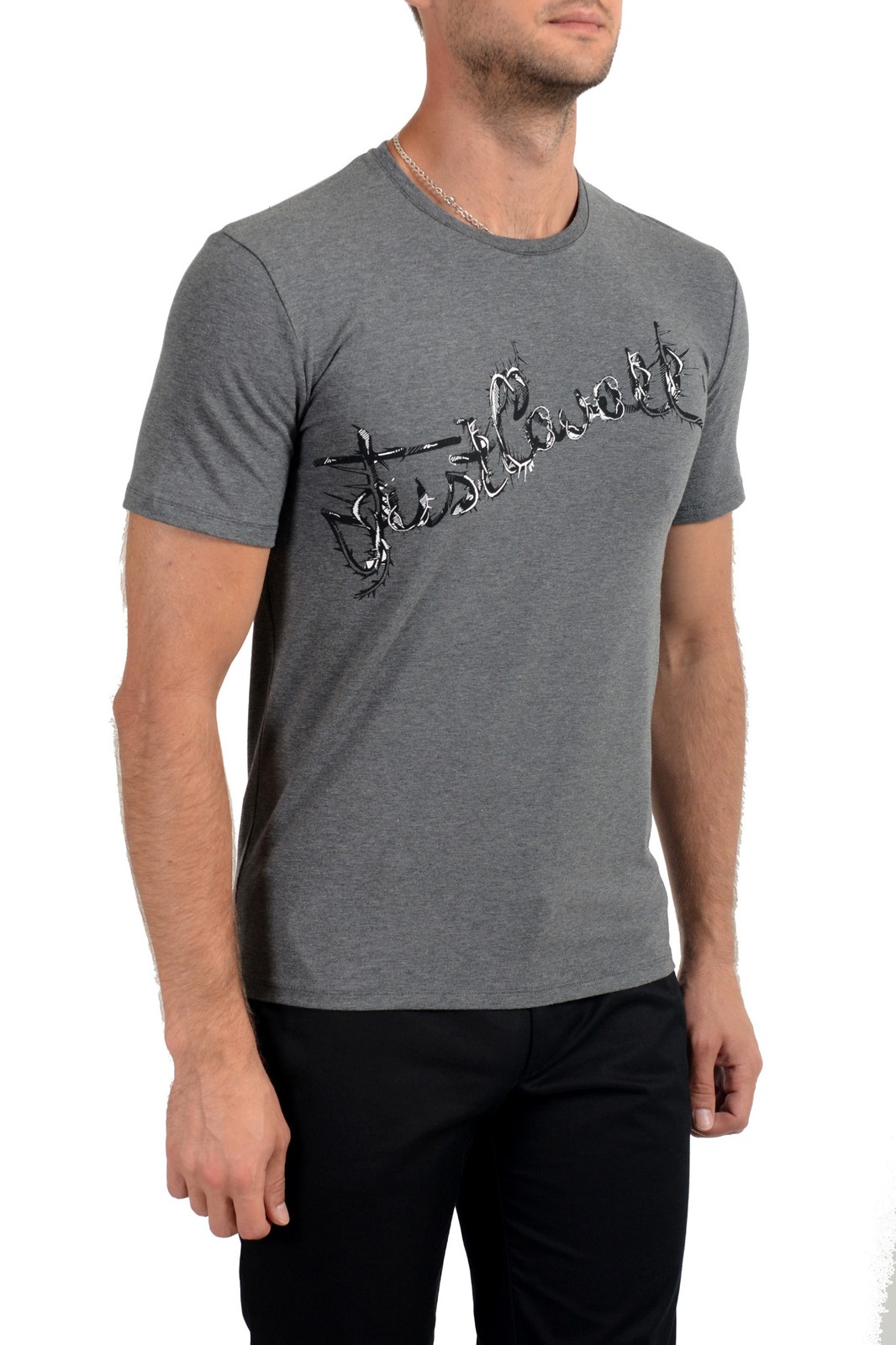 Just Cavalli Men’s Gray Graphic Print Crewneck Stretch T-Shirt US 2XL IT 56