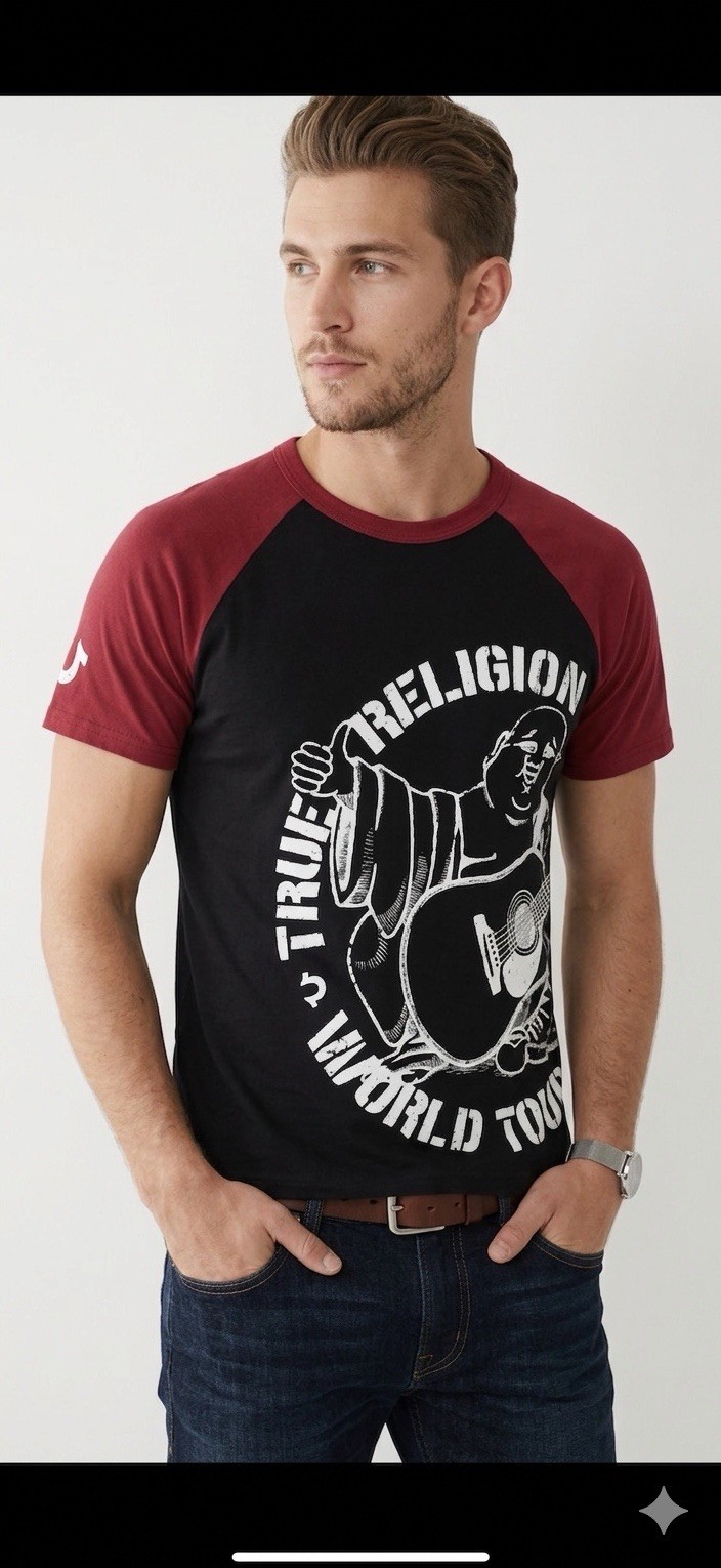$79 TRUE RELIGION Black Red PART BUDDHA Short Sleeve Designer Raglan T-shirt NWT