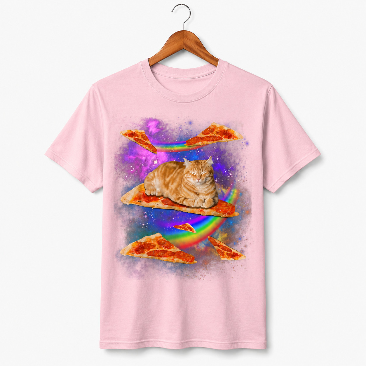 Funny Galaxy Cat Riding Pizza T-Shirt Space Rainbow Graphic Tee Men’s S-5XL
