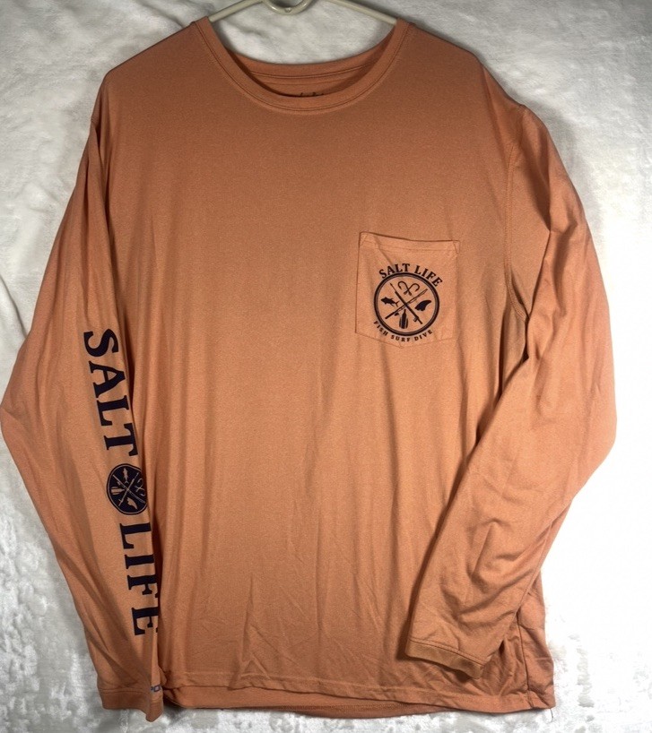 Salt Life Mens L Orange Long Sleeve Pocket Fishing Logo Boating Graphic Shirt