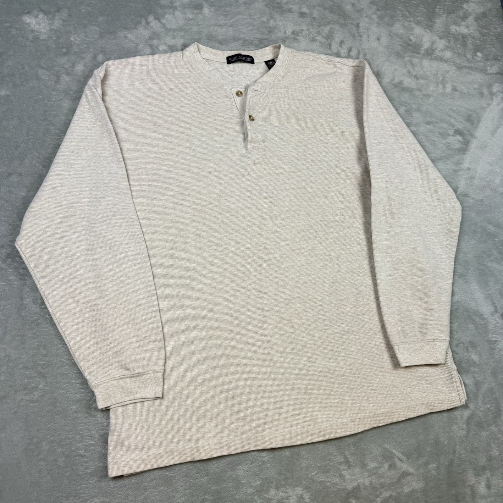 Vintage John Ashford Thermal Henley Shirt Beige Long Sleeve Waffle Knit Large