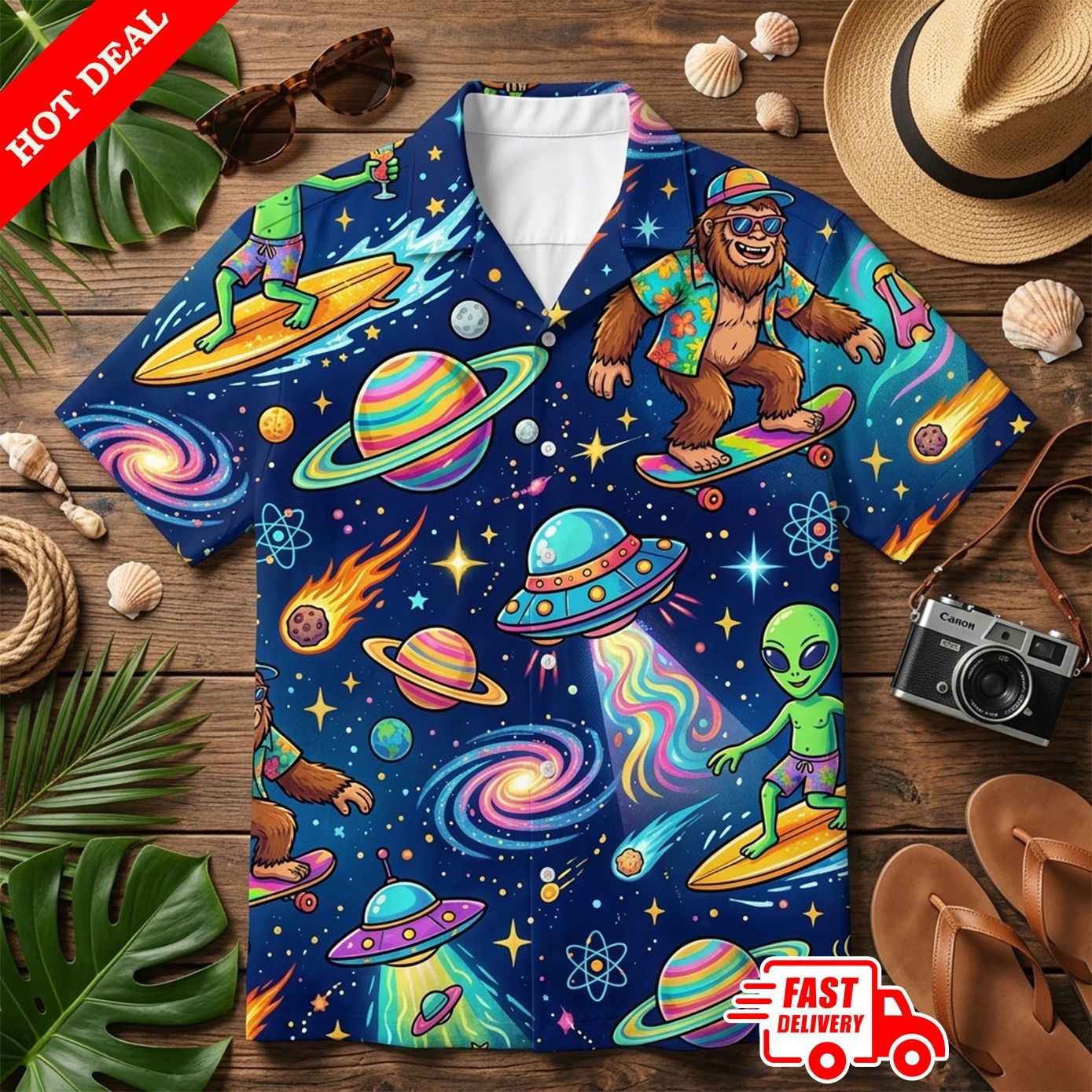 Bigfoot Alien UFO Space Hawaiian Shirt Men Blue Galaxy Aloha Button Down Party