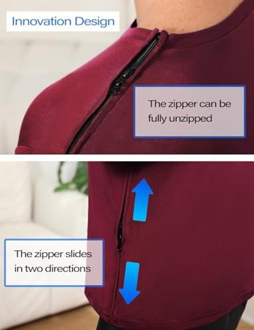 Two-Way Zipper Shoulder Surgery Shirt for Men, 95% Cotton Post Large Wine Red