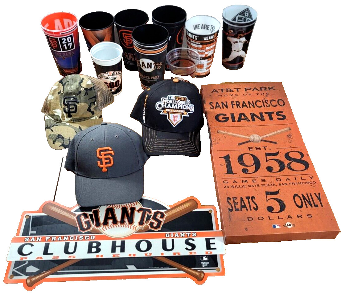Lot of 18 San Francisco Giants Items 3 Hat, 13 Cups 2 Signs 2010 2017 2019 AT&T