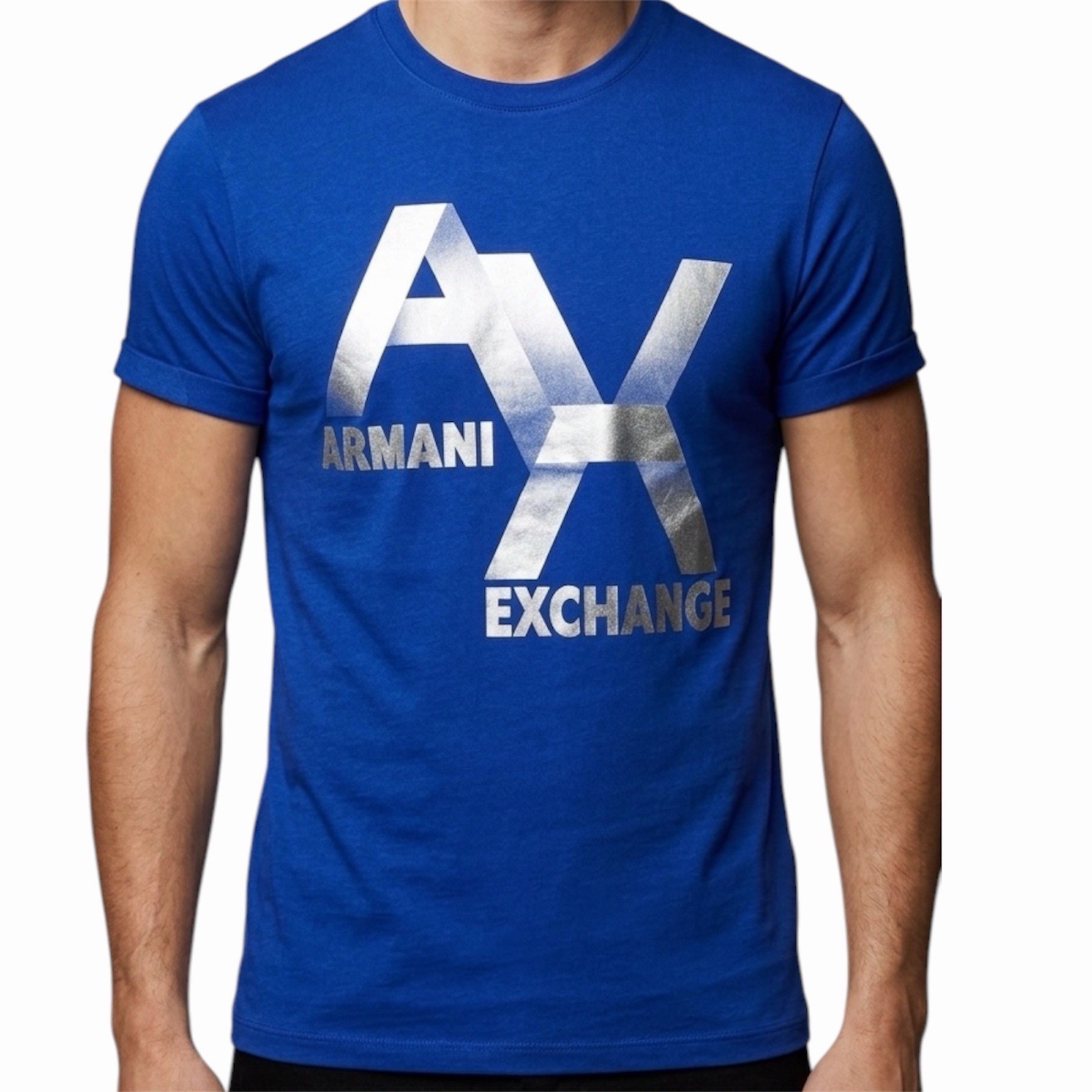 ARMANI EXCHANGE Blue Silver AX LOGO Short Sleeve Slim Fit Designer T-shirt NWT