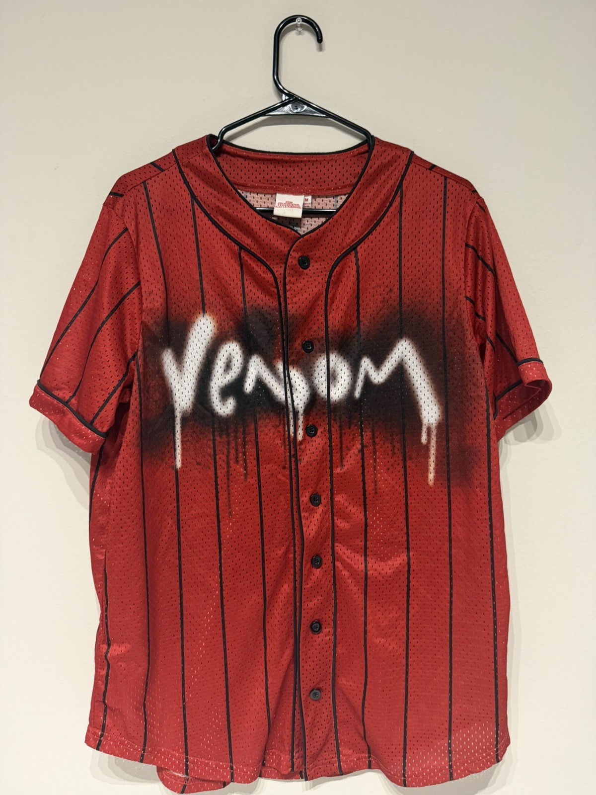 Venom Baseball Jersey Mens M Red Marvel Comics Button Up Short Sleeve Spiderman