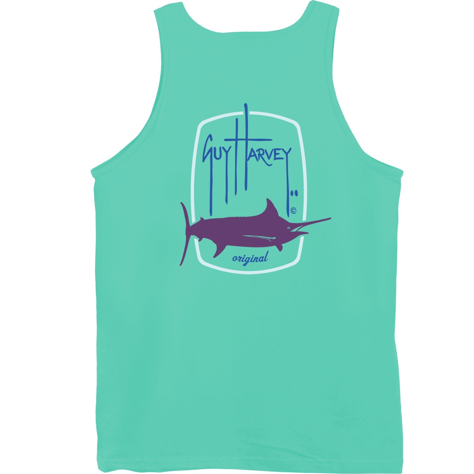 Guy Harvey Mens Fishing Boat Beach..Barrel Logo Tank Top..Celadon. Small-Medium