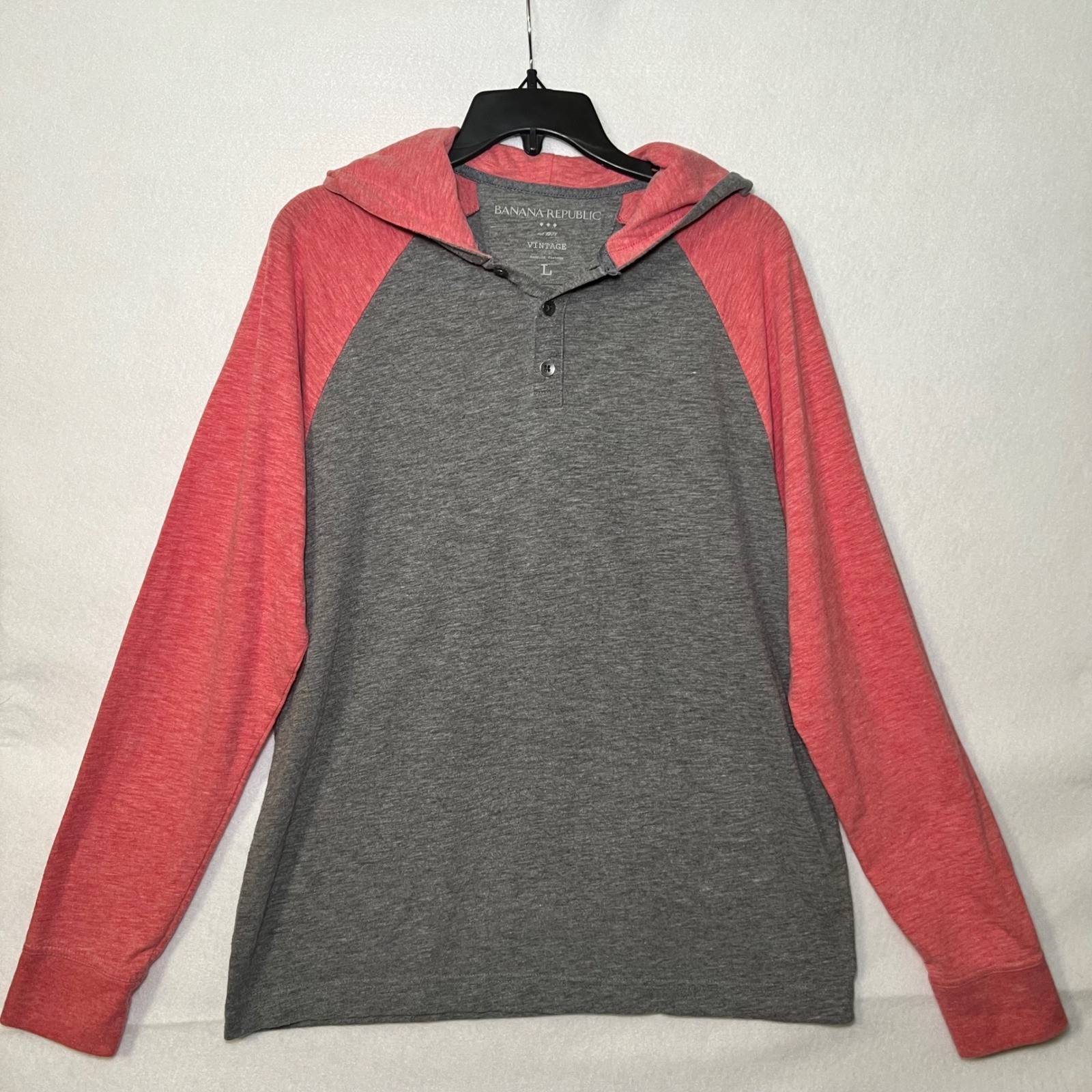 Banana Republic Vintage Men’s Large Grey Red Preppy Raglan Henley Hoodie Shirt