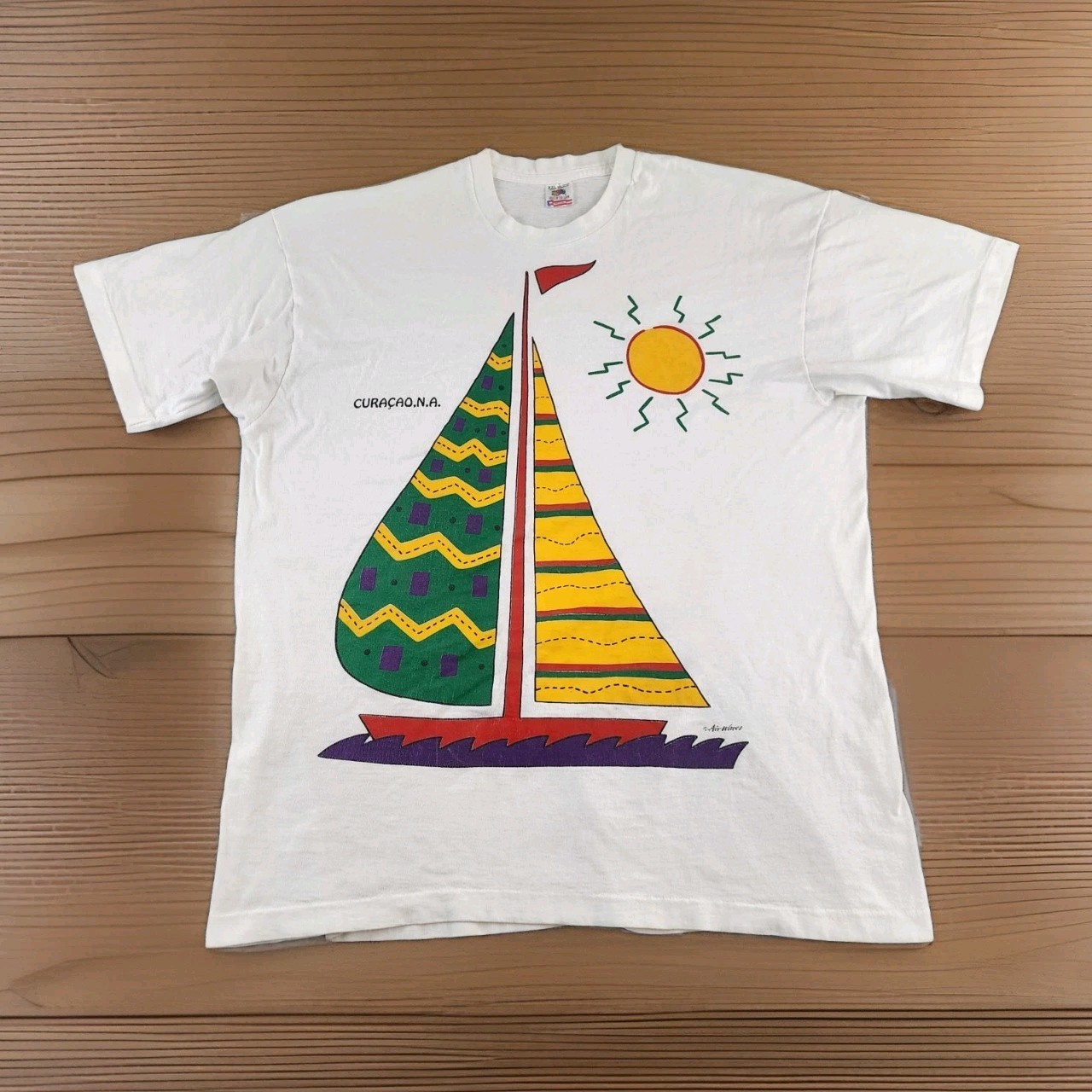 VINTAGE Curaçao N.A. Shirt Mens XXL Sailboat Air Waves Single Stitch Adult A11