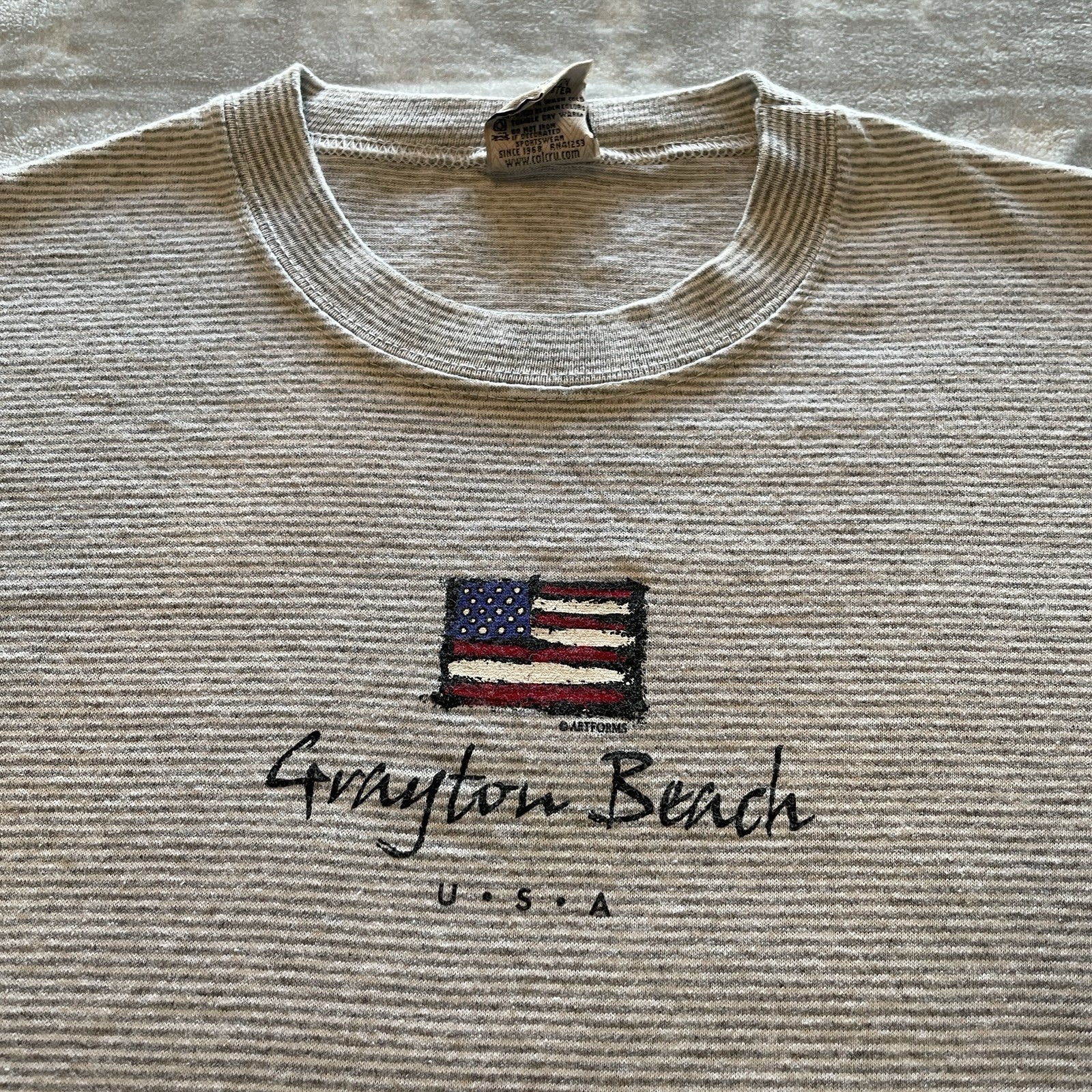 Vintage 90s Single Stitch T-Shirt Mens Small Gray Striped Grayton Beach USA Made