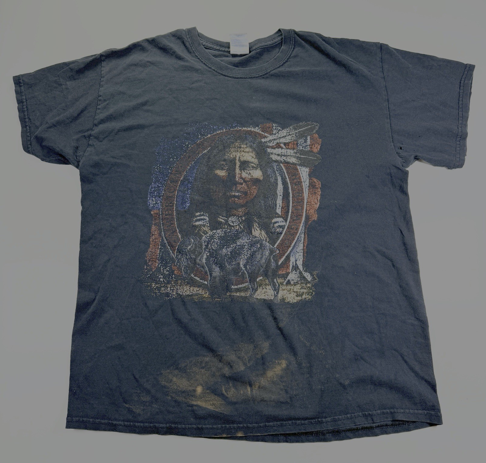 Vintage Gildan Native American Buffalo Graphic Tee black Distressed L USA