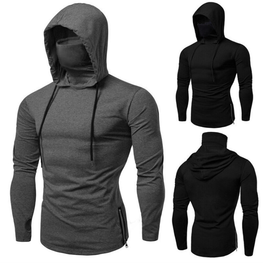 Mens Long Sleeve Hooded T-shirt Fitness Gym High Neck Stretch Shirt Hoodie