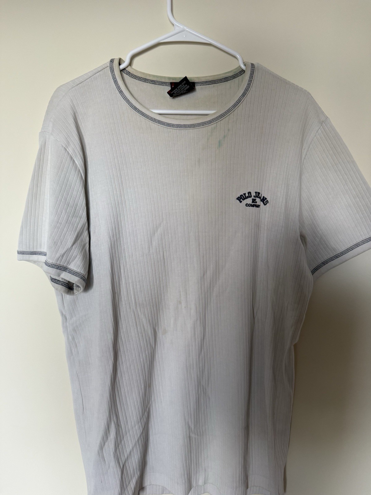 Polo Jeans Company Men’s White Cotton Knit Ribbed Logo Crew Neck Tee Size L