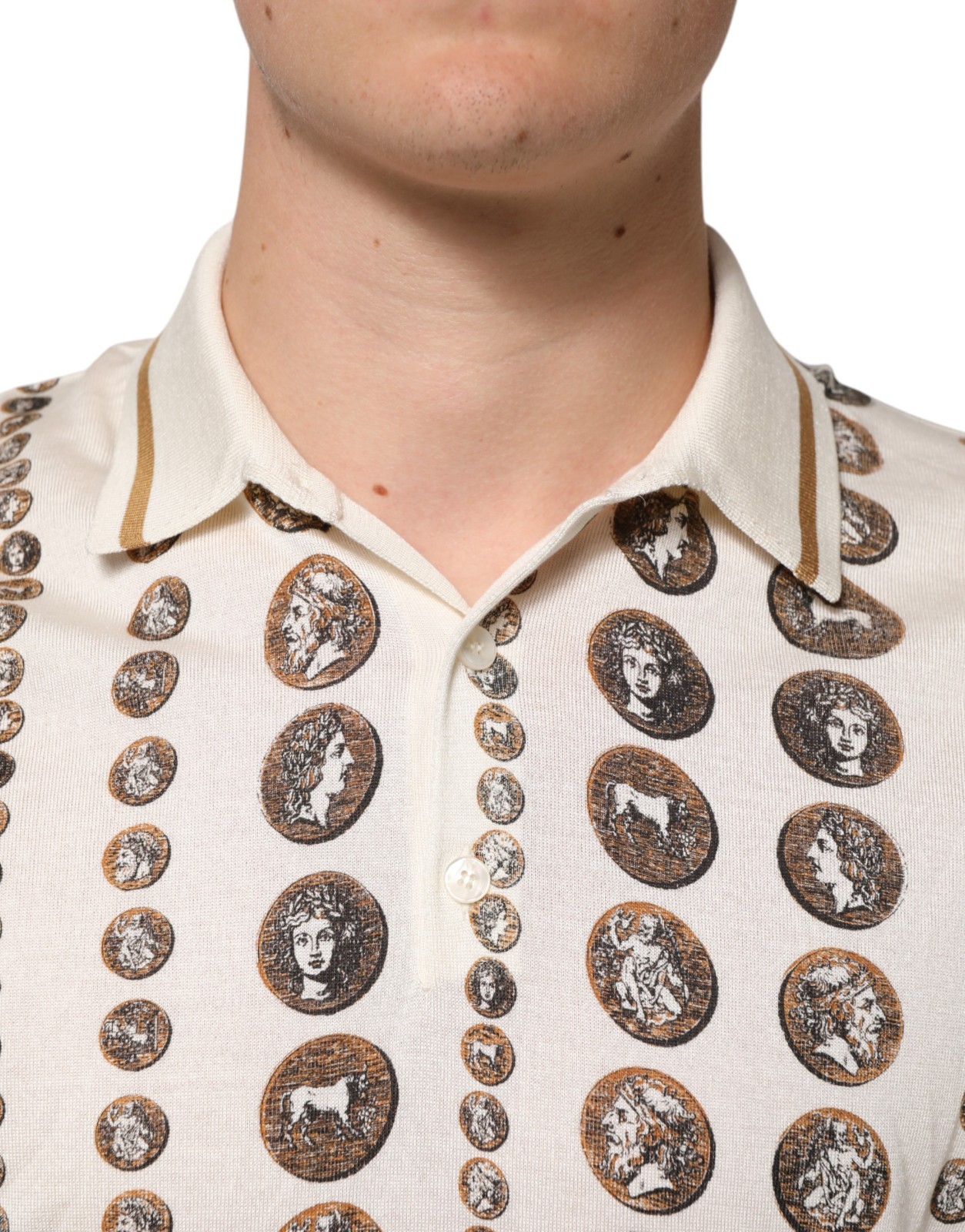 DOLCE & GABBANA T-shirt Silk Ivory Coin Print Logo Men Polo IT46/US36/S 1500usd