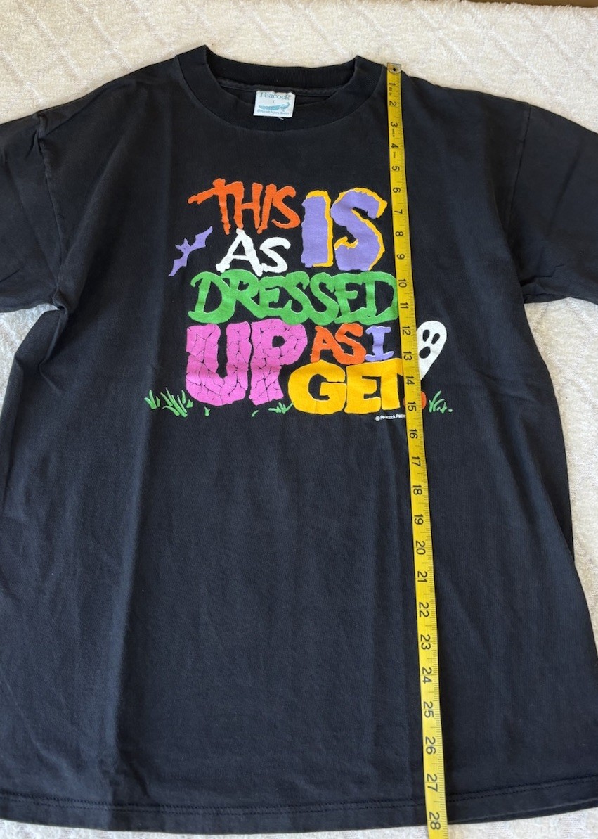 Vintage 90s Halloween Ghost USA Made Single Stitch Black Tee Men Size L Peacock