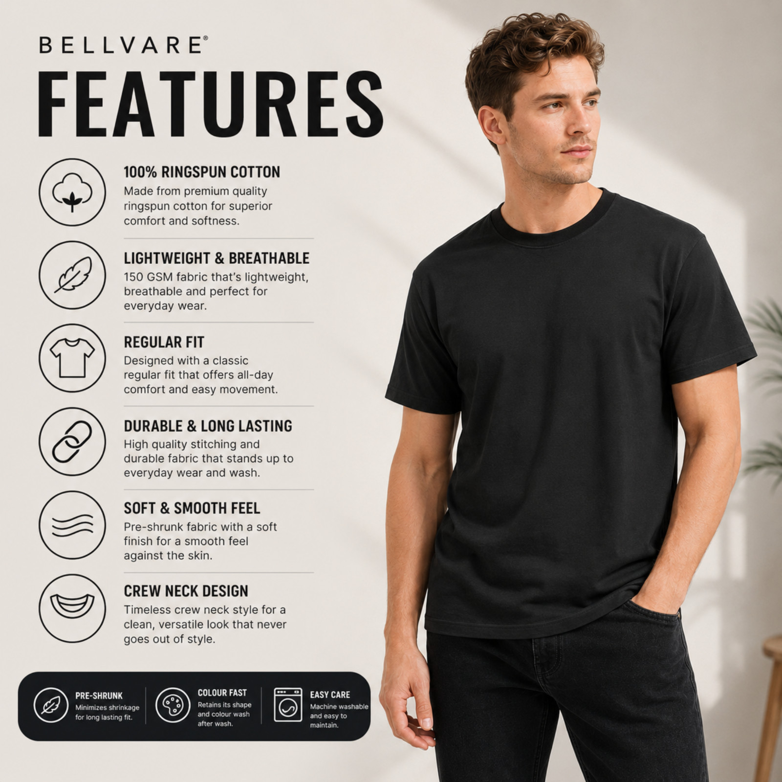 Bellvare Plain Blank Mens Mans Cotton Tee Shirt Tshirt Value T-Shirt Crew Neck