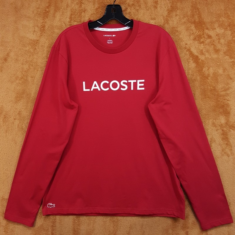 LACOSTE Shirt Mens Large Red Pullover Crew Long Sleeve Cotton Logo Tee T-Shirt