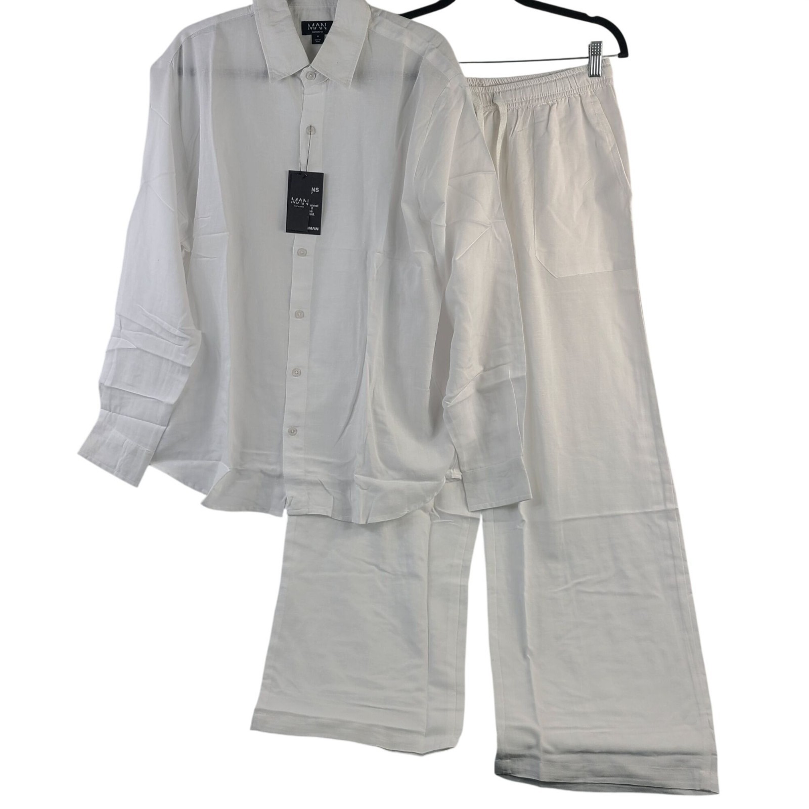 NEW BoohooMAN Super Oversized Linen Blend Shirt & Baggy Trousers White Sz M