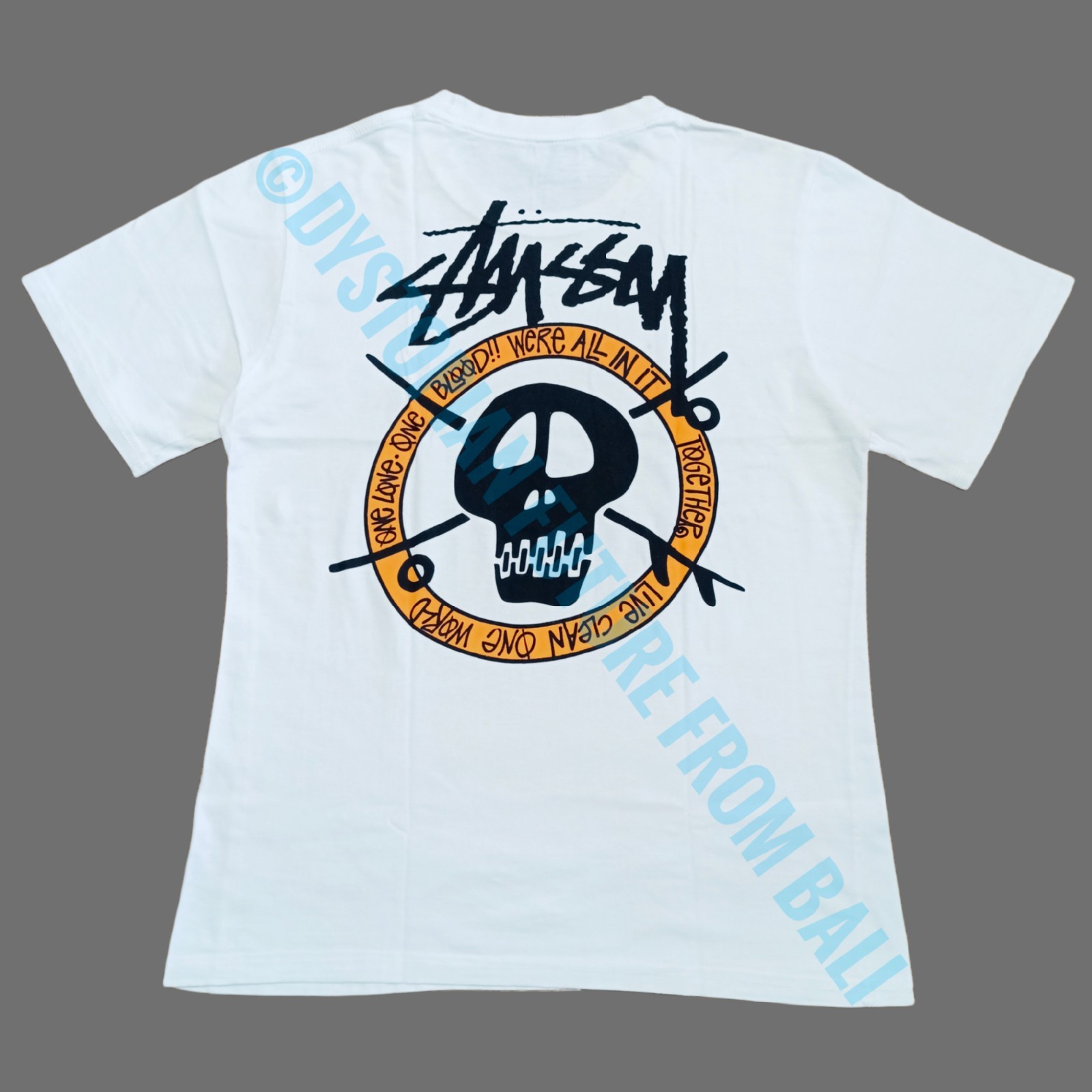 Rare Vintage Stussy – Skull Surf Skate One World One Love One Blood!! T-shirt