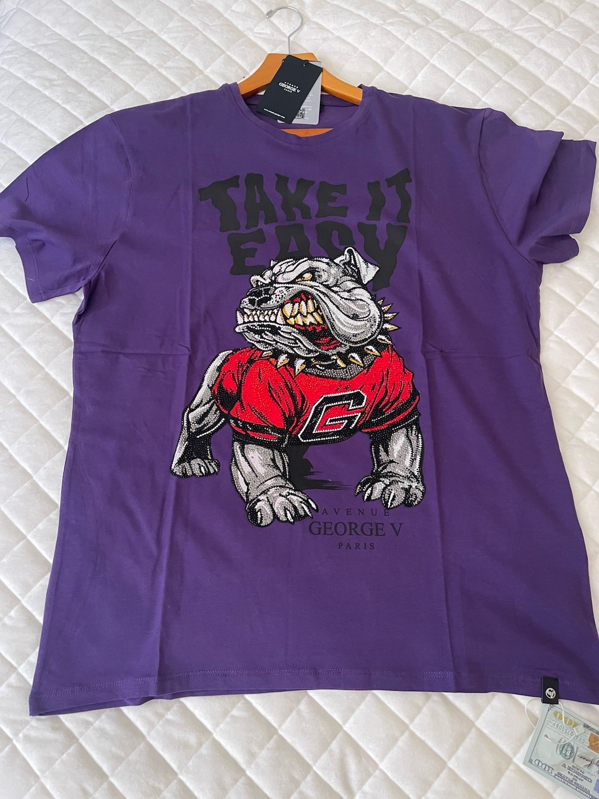 Avenue George V Paris T-Shirt Royal Bulldog Rhinestone Men’s Purple Fitted Tee