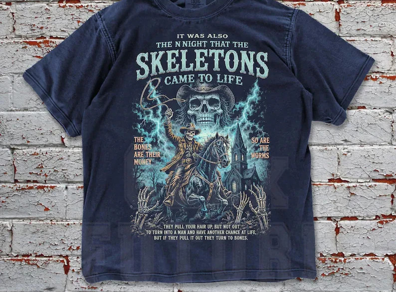 Skeleton Cowboy Shirt, Western Horror Graphic Tee, Night Skeletons Came To Life