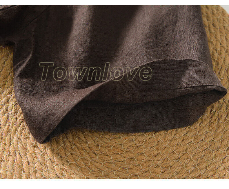 Men 100% Linen V Neck T-shirt Retro Summer Short Sleeves Tops Casual Undershirt
