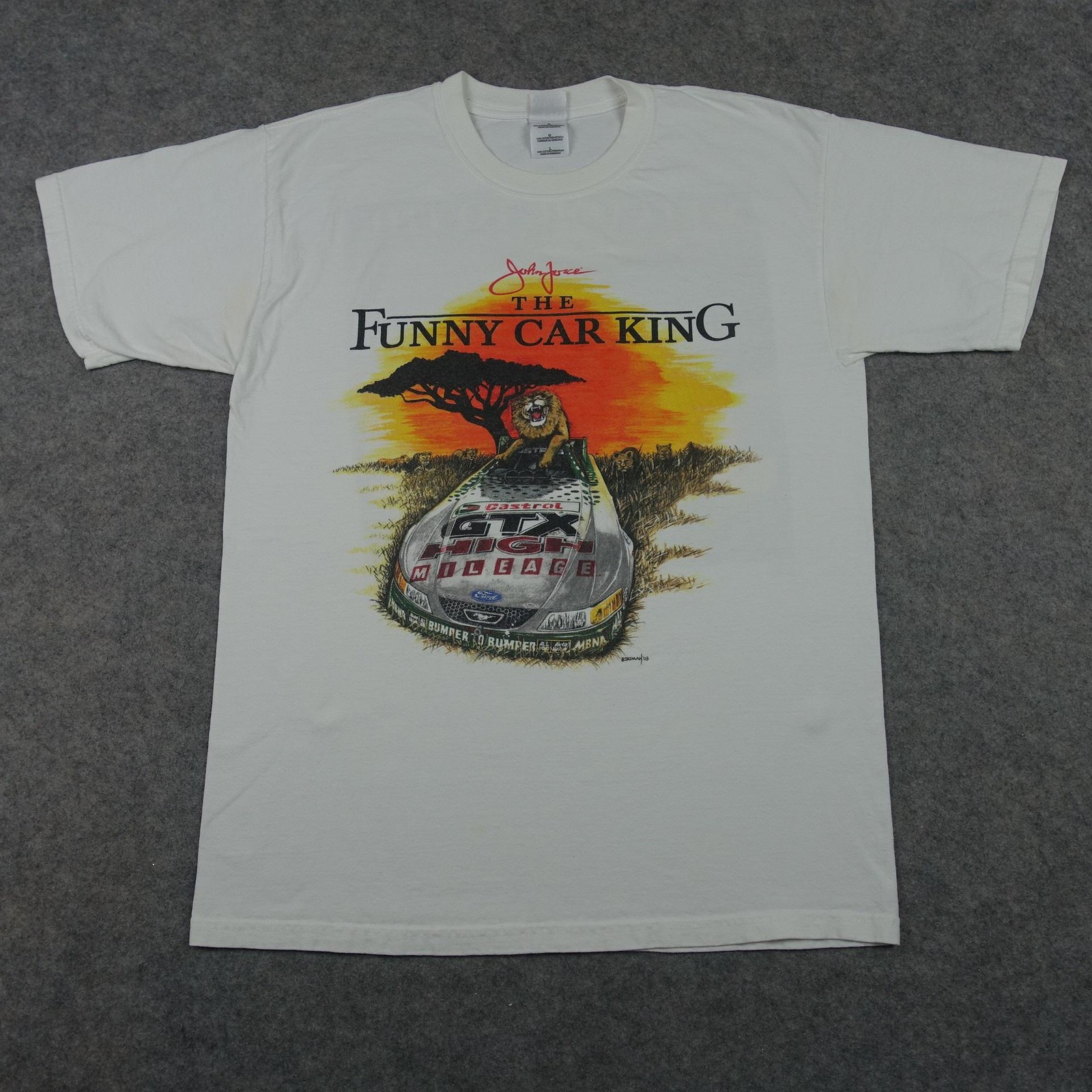 VINTAGE John Force Shirt Mens Large White Funny Car King Jungle Lion NHRA 2003