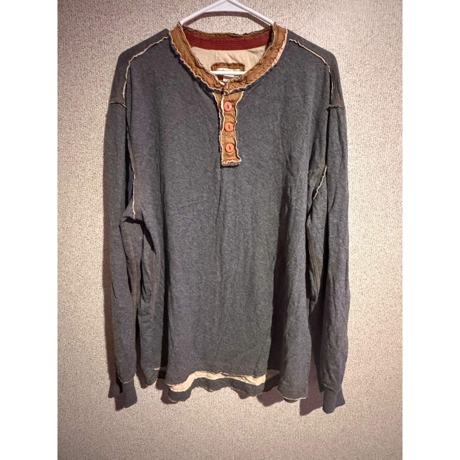 Carbon 2 Cobalt Mens XL Henley Shirt Gray Long Sleeve Raw Edge Cotton RN 129641