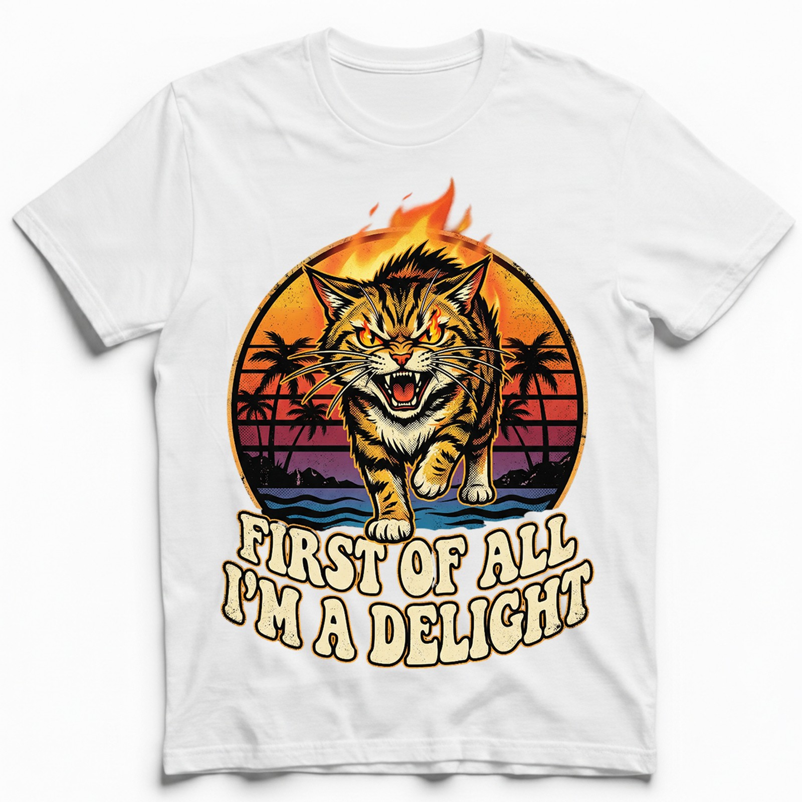 Angry Tiger Fire Eyes Tropical Beach Tee Retro Sunset Palm Trees T-Shirt