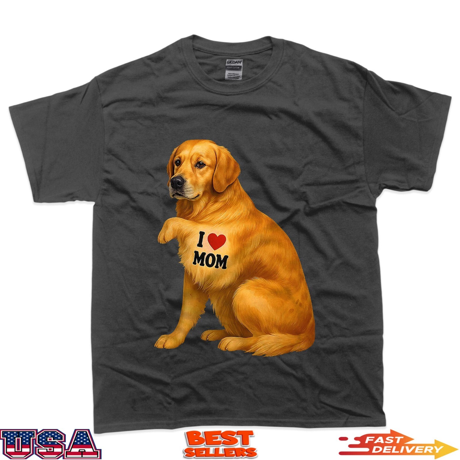 Patriotic I Love Mom Golden Retriever Funny Mama Dog Owner T-Shirt