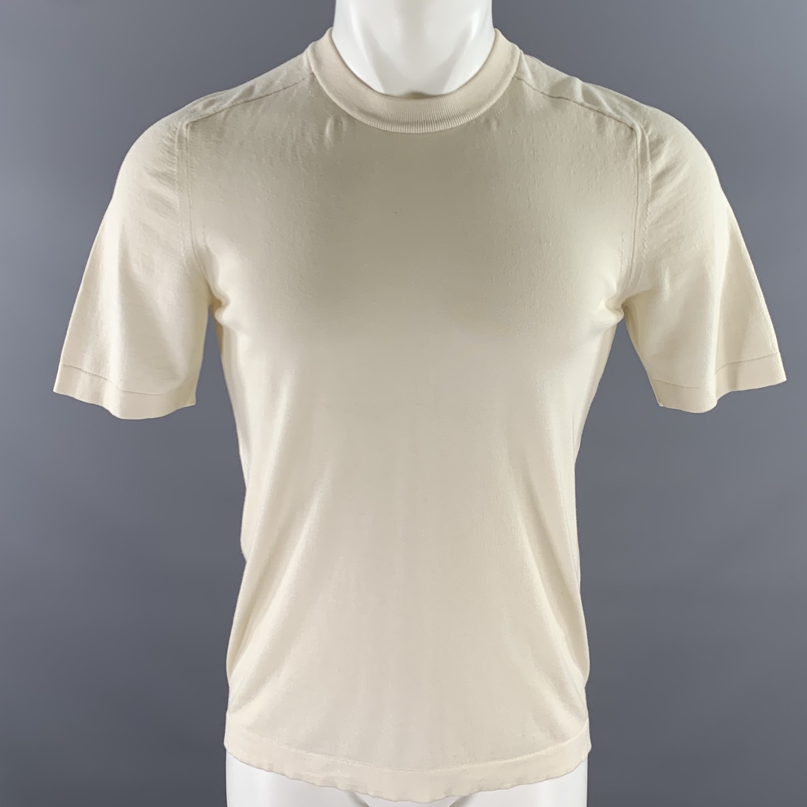 BOGLIOLI Size S Cream Solid Cotton Blend Ribbed Collar T-shirt