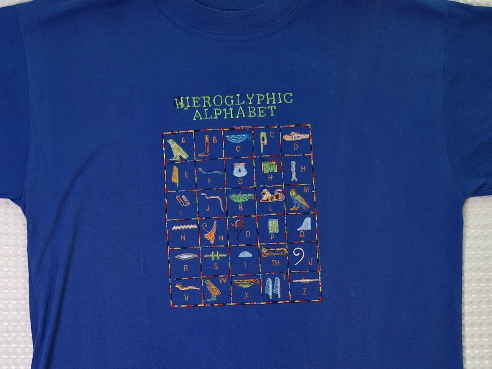 Egypt Egyptian Hieroglyphic Alphabet Embroidered Souvenir Blue T-shirt Size M
