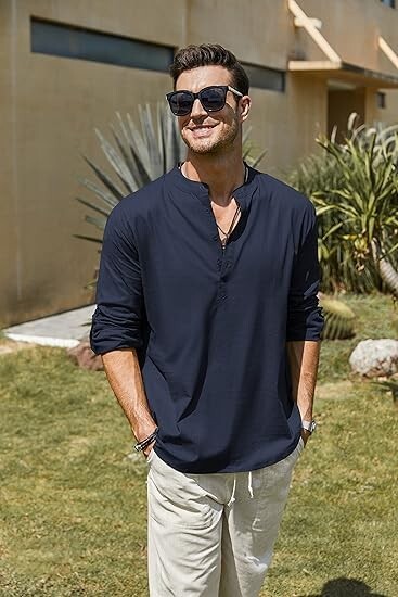 COOFANDY Men’s Cotton Linen Henley T-Shirt Long Sleeve Hippie Casual Beach Blue