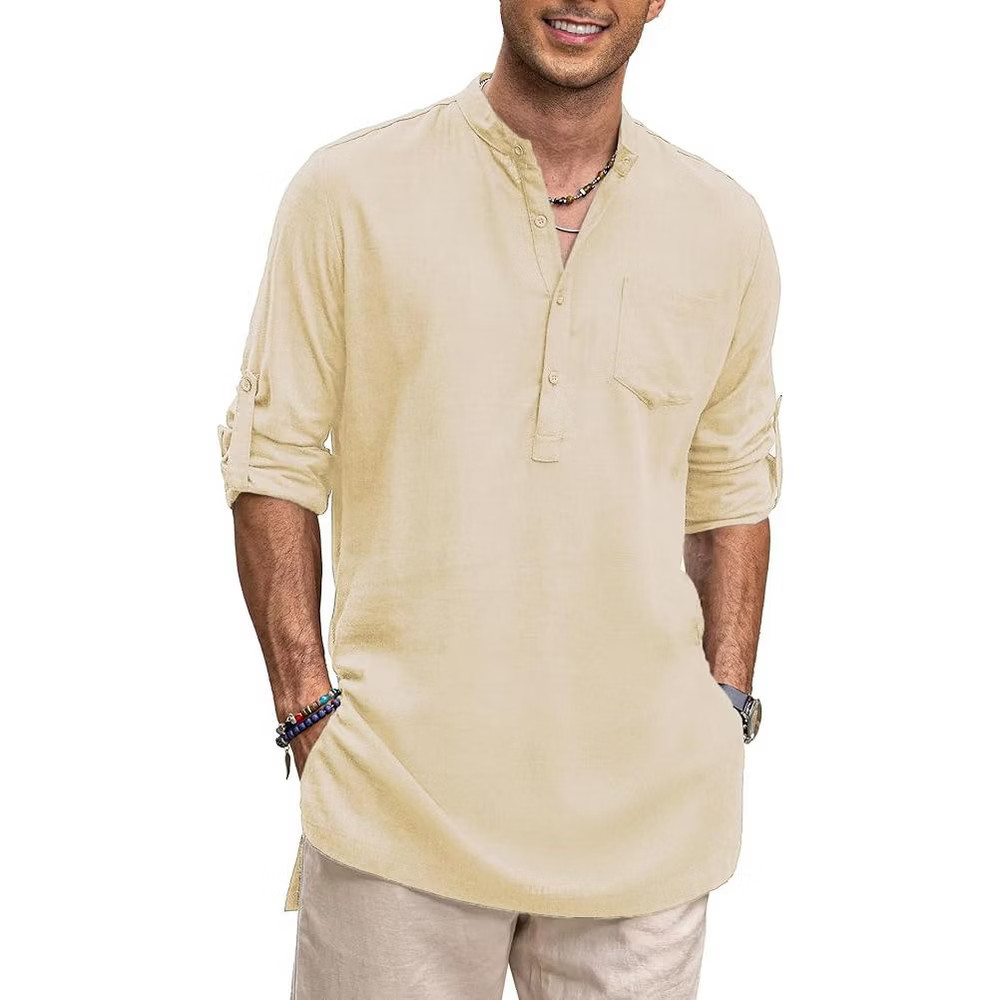 COOFANDY Men Linen Henley Shirts Long Sleeve Collarless T-Shirts Longline