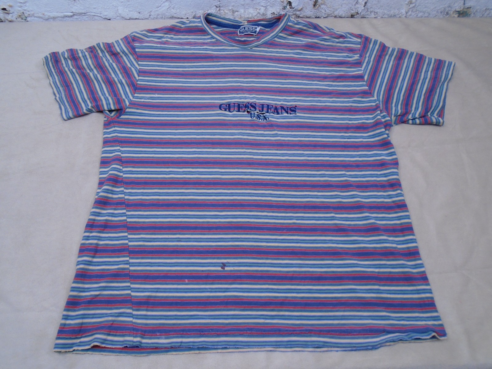 VTG 90s Guess Jeans USA Embroidered T-Shirt Colorful Striped Size XL Distressed