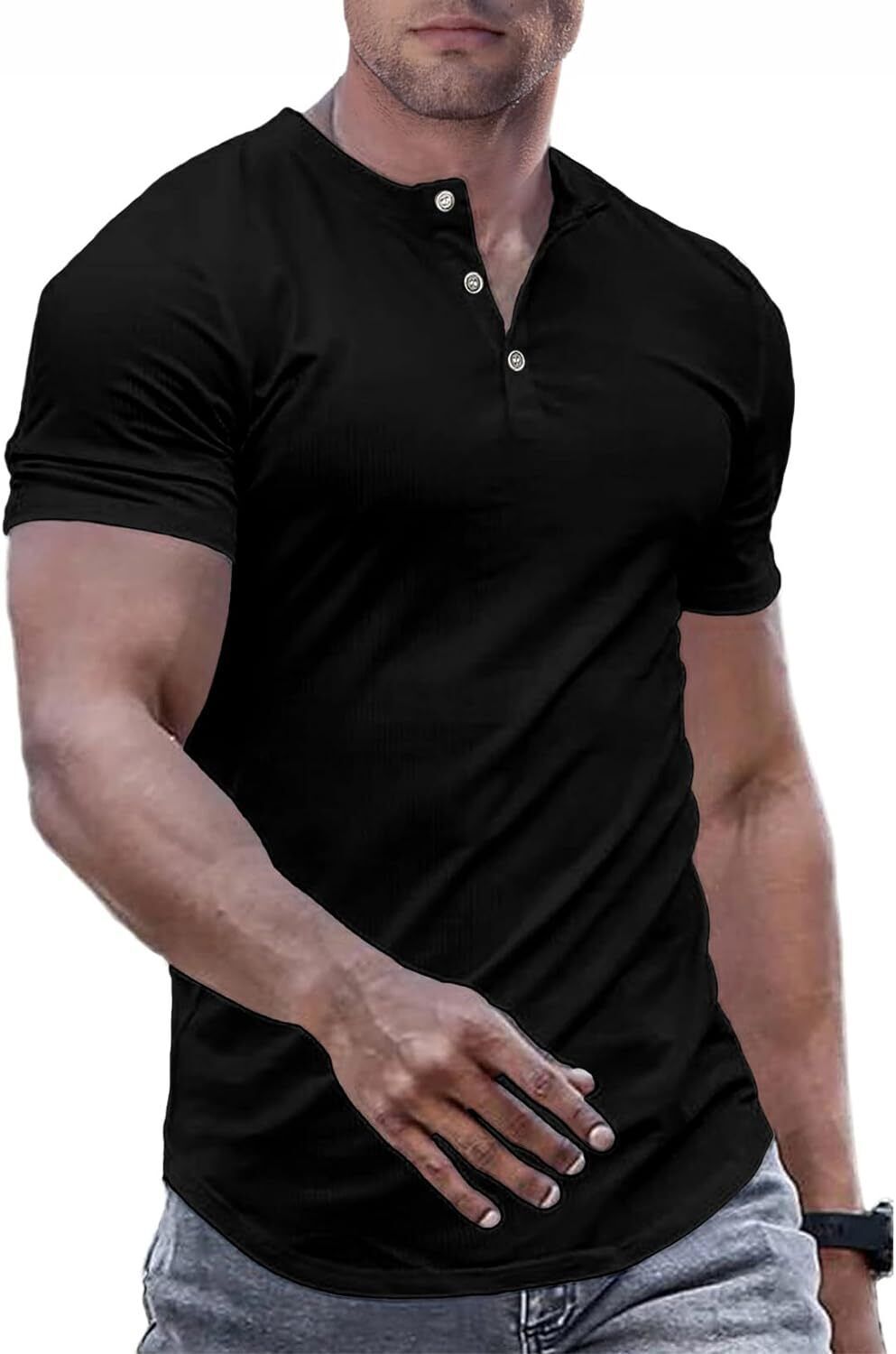 Men’s Muscle Slim Henley Shirts Crewneck Longline Athletic Gym Workout