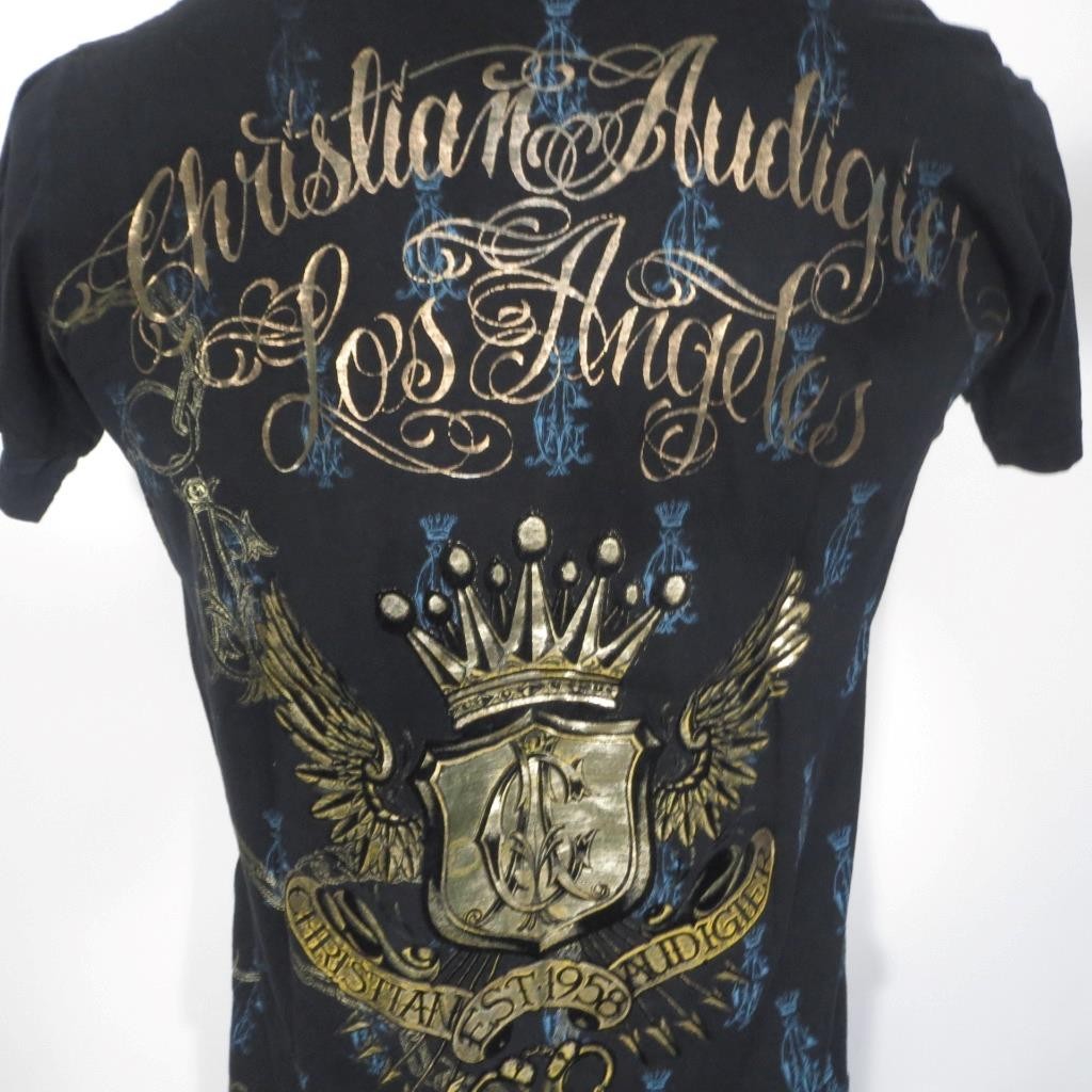 Christian Audigier SMALL Shirt Argyle Pink Green Gold Foil Ink Vintage LA