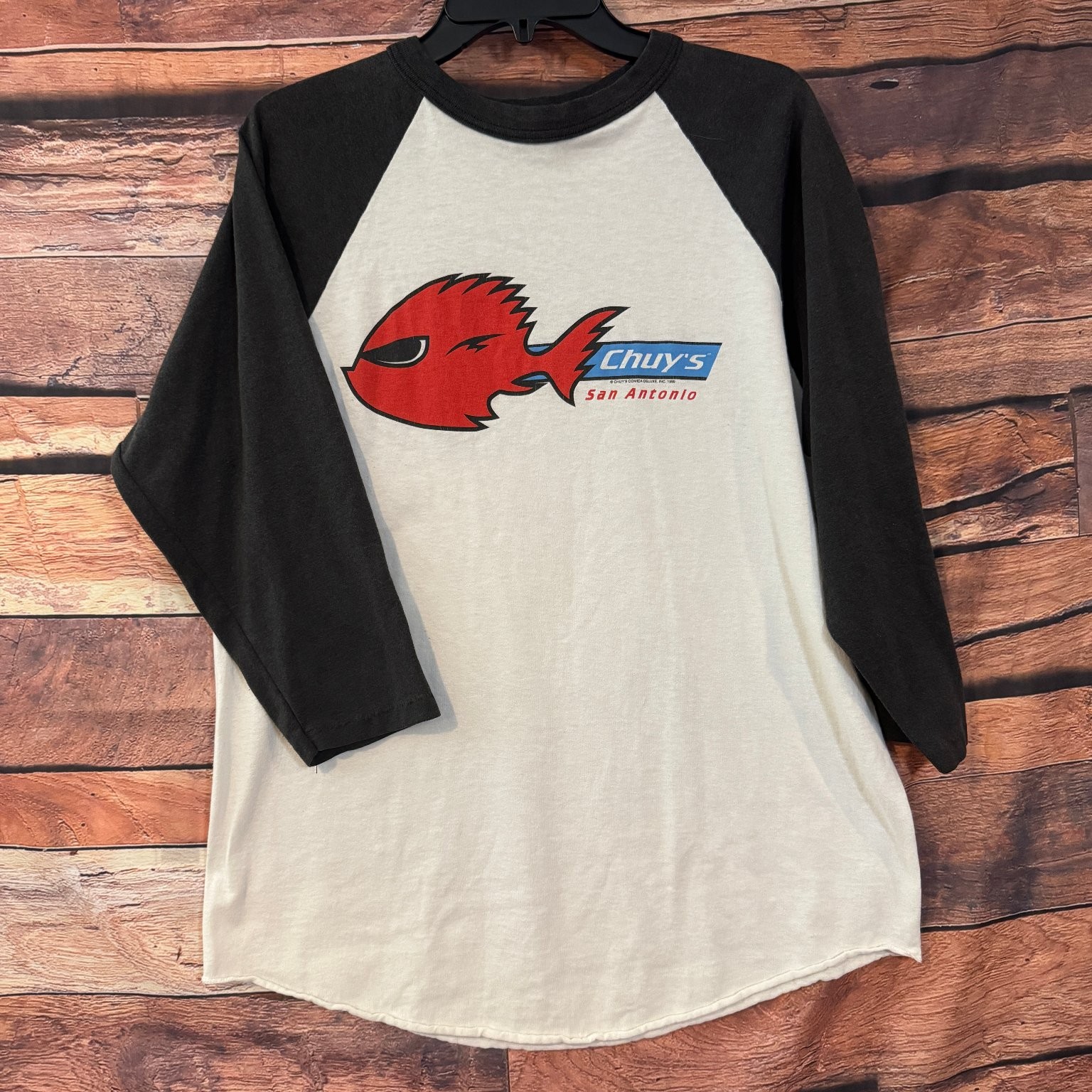 Augusta Sportswear Men’s L White Black Chuy’s San Antonio Raglan T-Shirt Vtg 90s