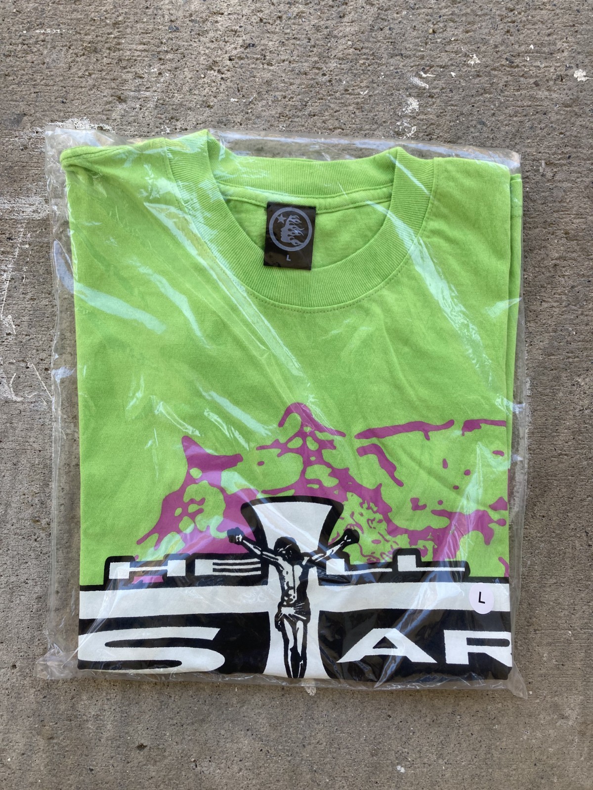 Hellstar Studios Path To Paradise Jesus Tee Neon Green Purple Pink Splat Cross