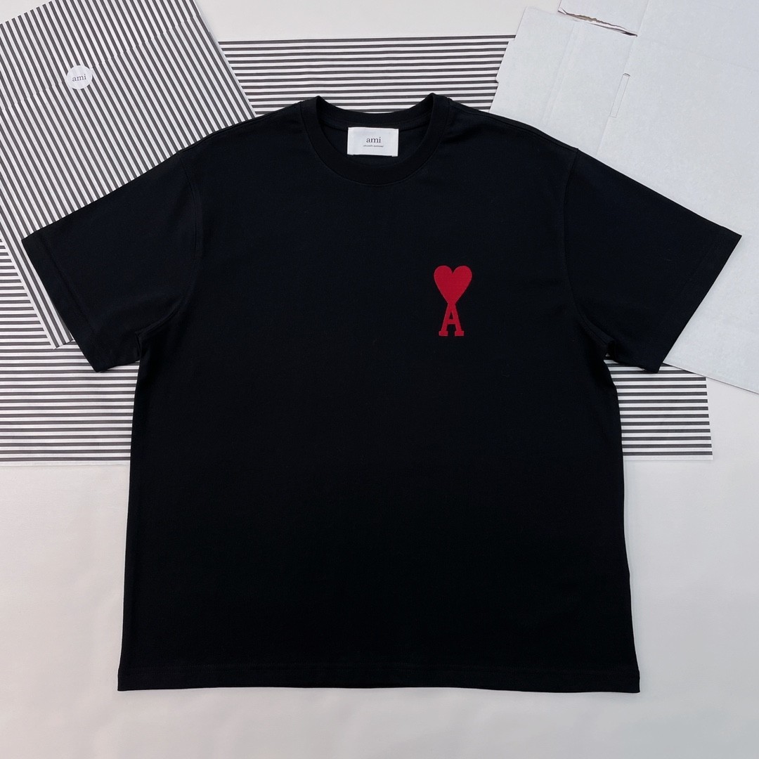 AMI Paris Ami De Coeur Shirt Sz L Black Red Heart Ace Organic Cotton Boxy Fit