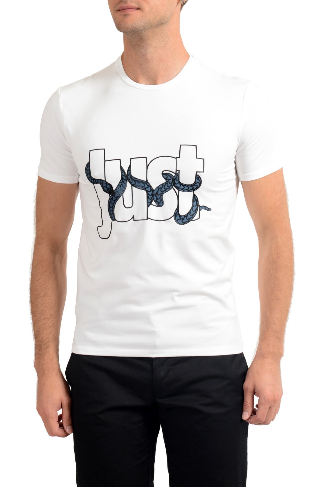 Just Cavalli Men’s White Graphic Print Crewneck T-Shirt US 2XL IT 56