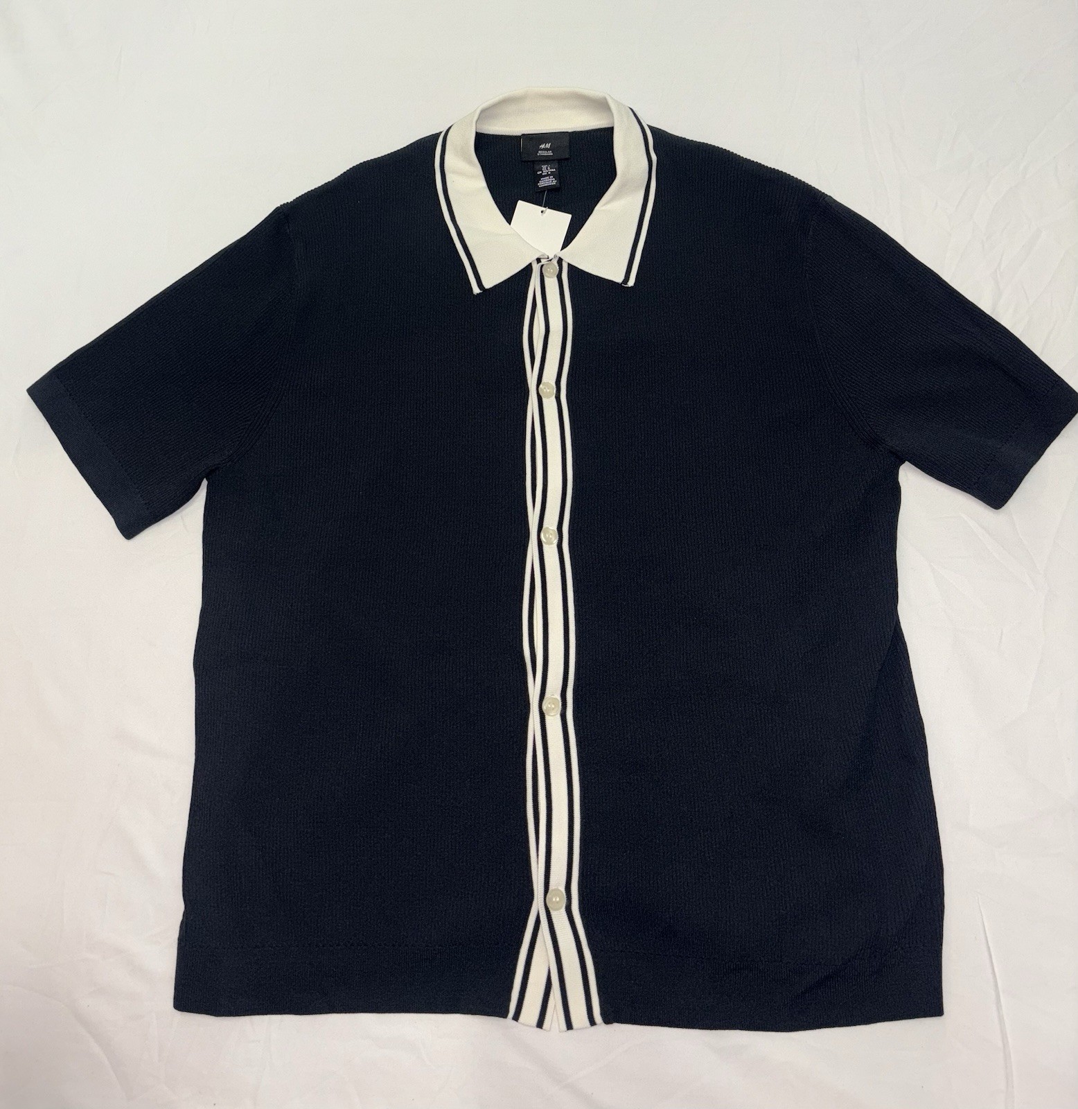 H&M Navy Blue Regular Fit Fine-knit Polo Shirt Size Large