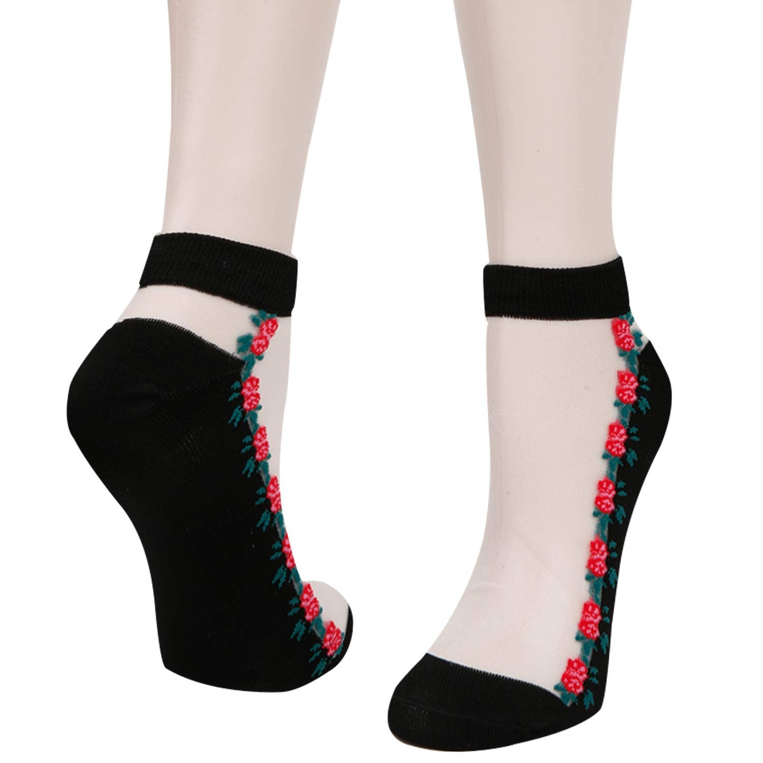 Womens Girls Black Sheer Socks Lace Mesh Ankle Socks Novelty Floral Patterned…