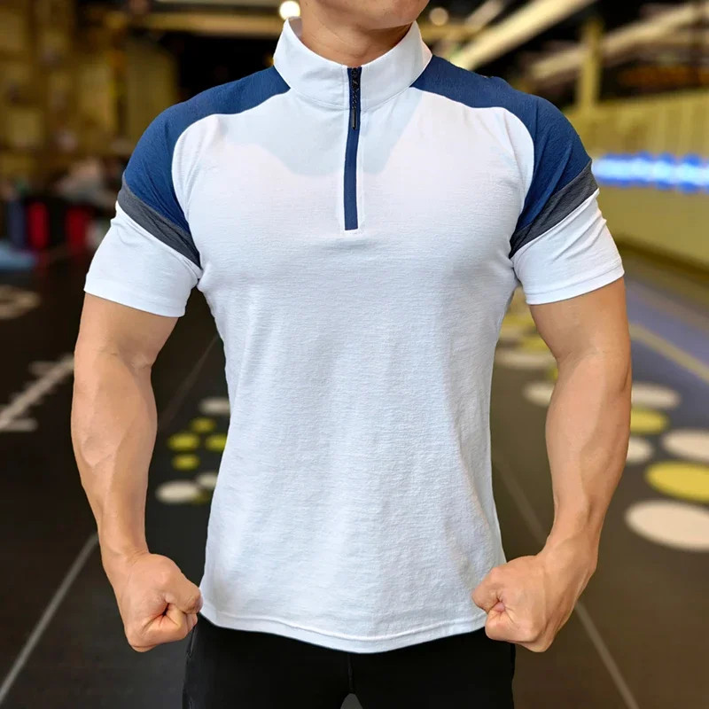 Men Fitness Running Half Zip Training Wear Summer High Elasticity Slim Fit Tee O