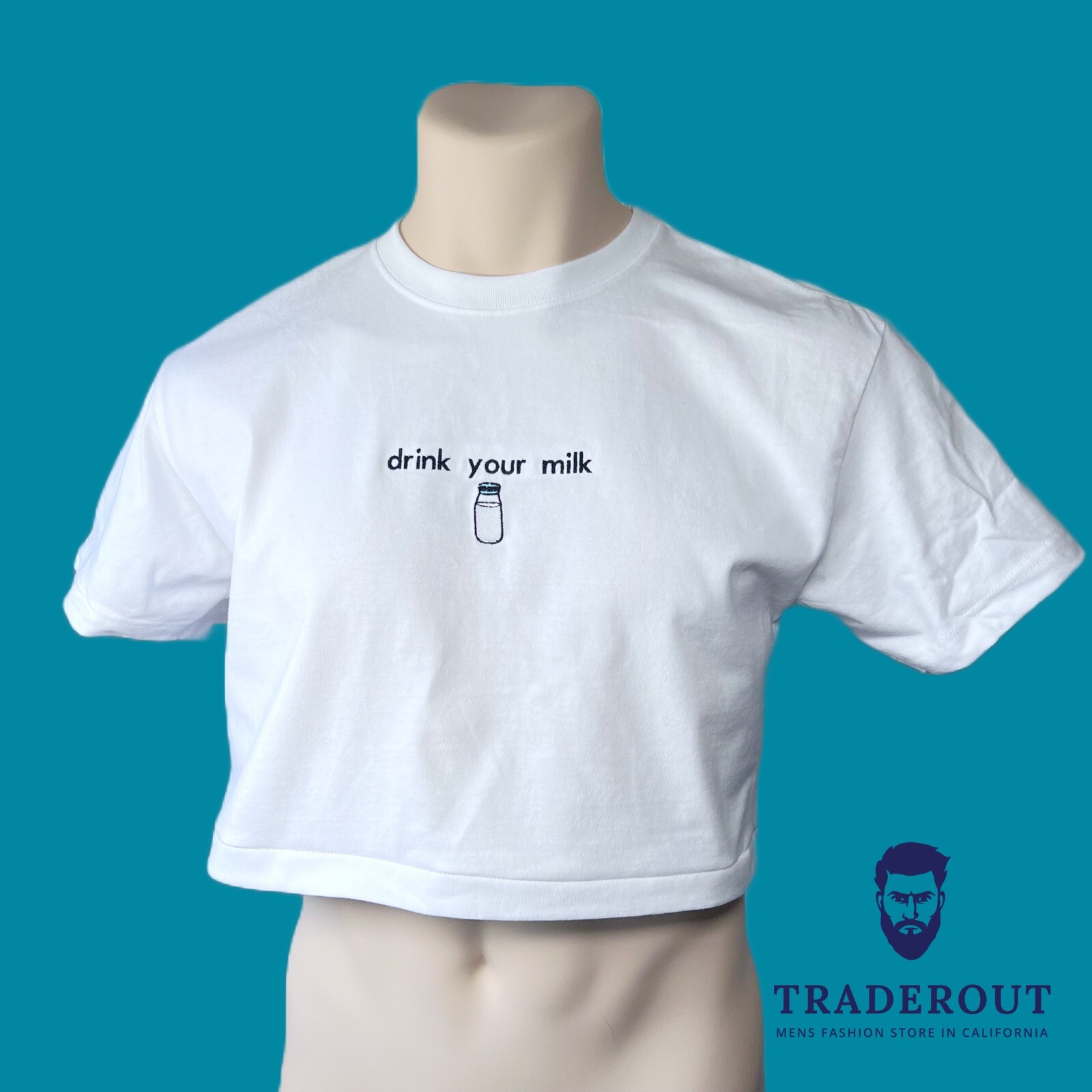 drink your milk custom embroidery men White heavy weight cotton crop top T-shirt