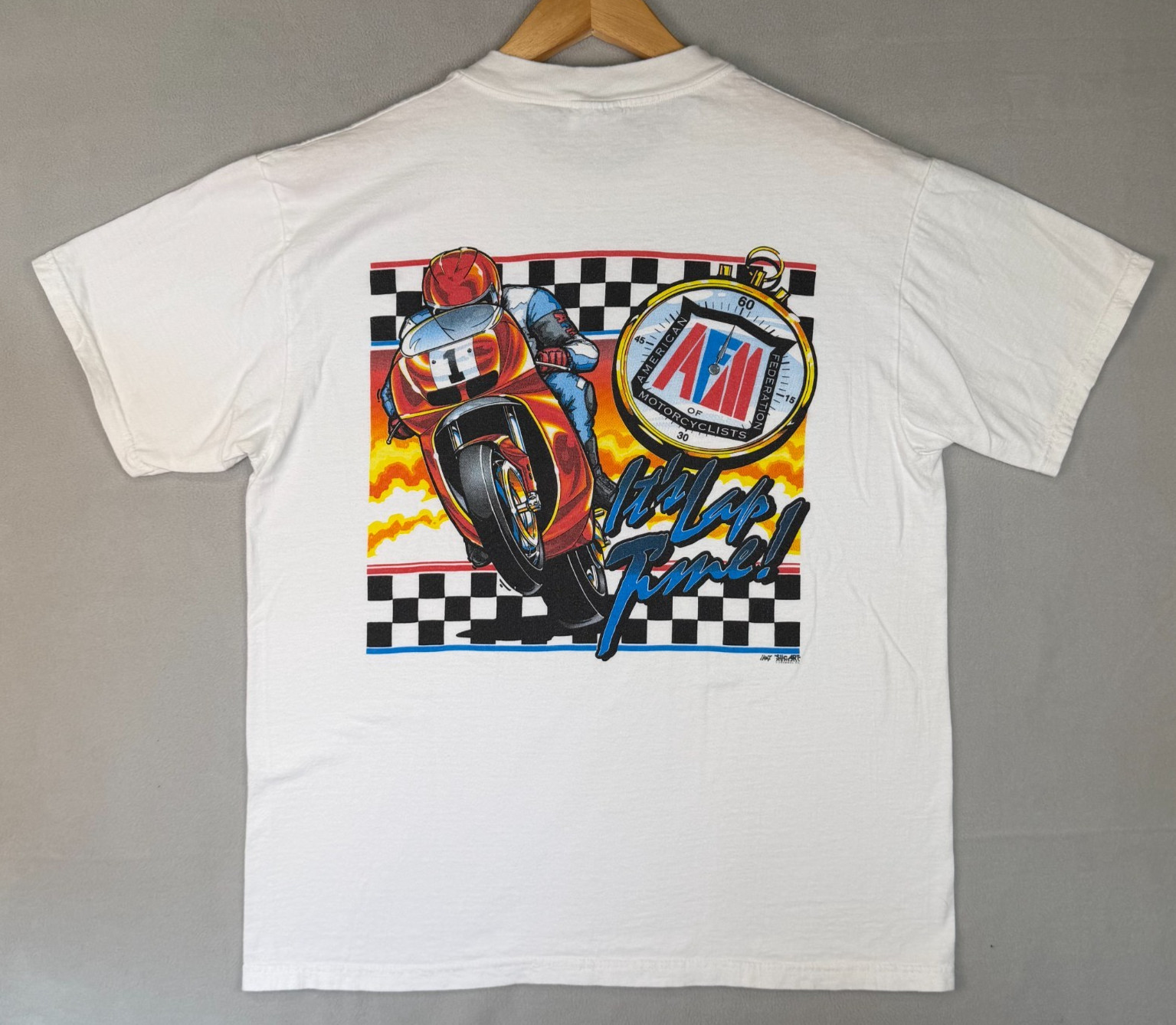 Vintage Motorcyle T Shirt Mens L White Racing Superbike Flames Lap Time AFM